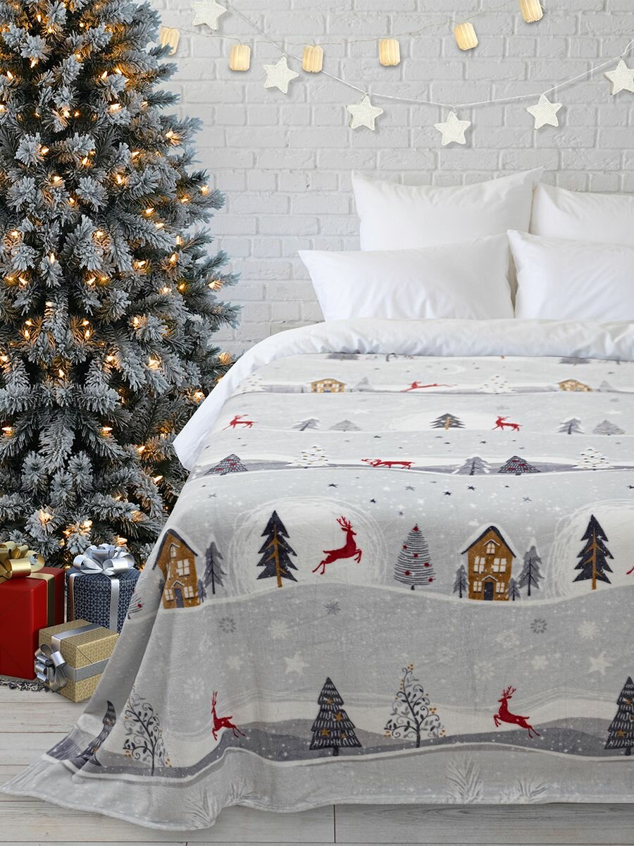 Плед новогодний Happy Family 150х200 см покрывало велсофт Новогодняя сказка  мягкий теплый в подарок