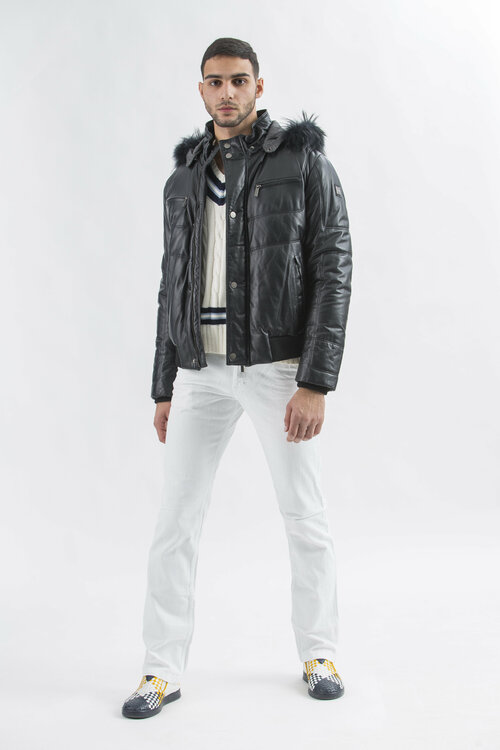 Кожаная куртка Gallotti, мужская, демисезон/зима, силуэт прямой, капюшон, быстросохнущая, отделка мехом, карманы, герметичные швы, ветрозащитная, внутренний карман, водонепроницаемая, съемный капюшон, подкладка, утепленная, размер 60, черный
