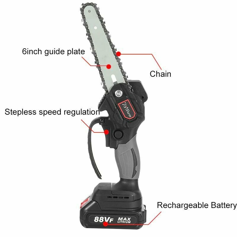 Аккумуляторная цепная мини-пила 6 дюймов, 88 в, 3000 Вт, Gray - фотография № 4