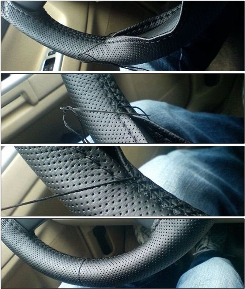 Чехол оплетка на руль авто перфорированная из экокожи с вышивкой и шнуровкой, черная с черной нитью