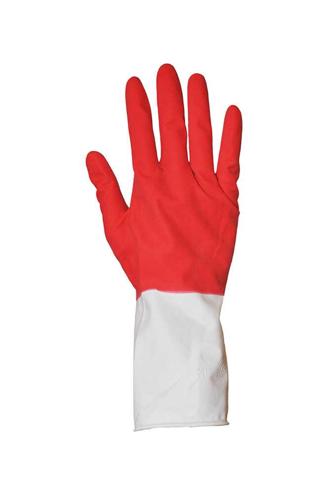 Перчатки хозяйственные Рифленая поверхность, удлиненная манжета, повышенная прочность, 2-х цветные Red/White, длина 305 мм. размер M