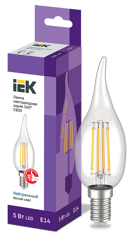 Лампа IEK серия 360 LED, CВ35, свеча на ветру, 5вт, 230В, 4000К, E14 LLF-CB35-5-230-40-E14-CL