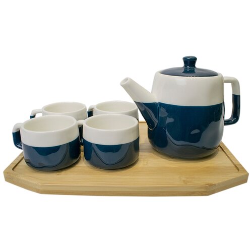 фото Чайный набор, чайник, 4 чашки, бамбуковая подставка, ультрамриновый-синий с белым, 31х14х12 см, marma mm-set-04
