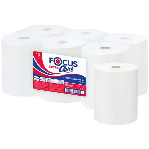 Купить Полотенца бумажные в рулонах Focus Extra Quick 1-слойные 6 рулонов по 200 метров (артикул производителя 5043330), белый, первичная целлюлоза, Туалетная бумага и полотенца