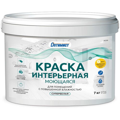 Оптимист W 206 интерьерная матовая белый 7 кг краска воднодисперсионная profilux pl 10l латексная интерьерная моющаяся влагостойкая матовая супербелая 7 кг