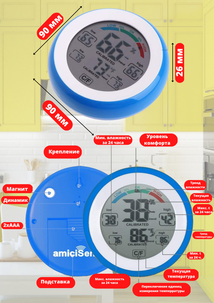 Цифровой гигрометр термометр, сенсорный экран, синий - фотография № 2