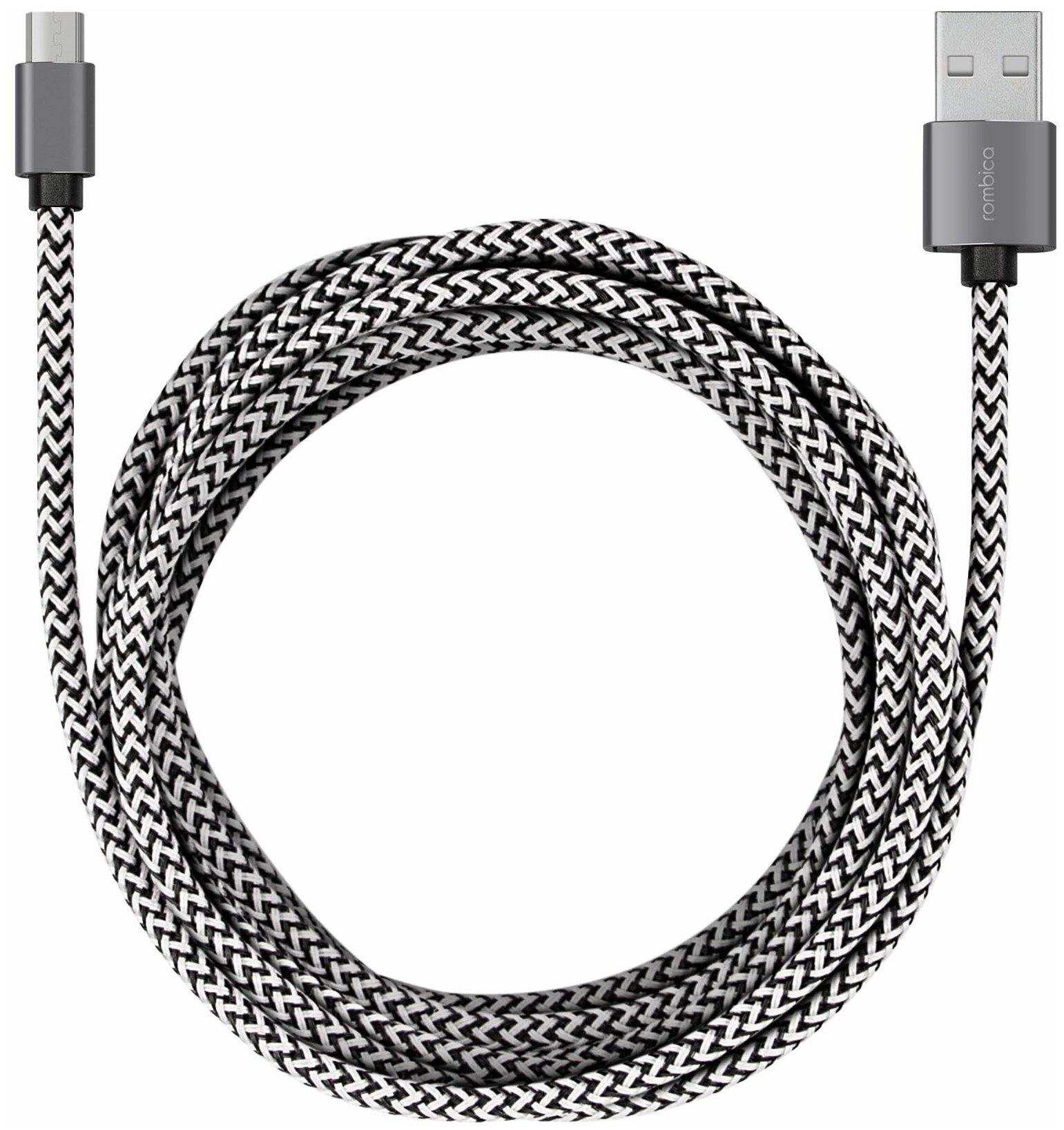 Кабель Rombica Digital AB-04, USB - micro USB, текстиль, 2м, черно-белый