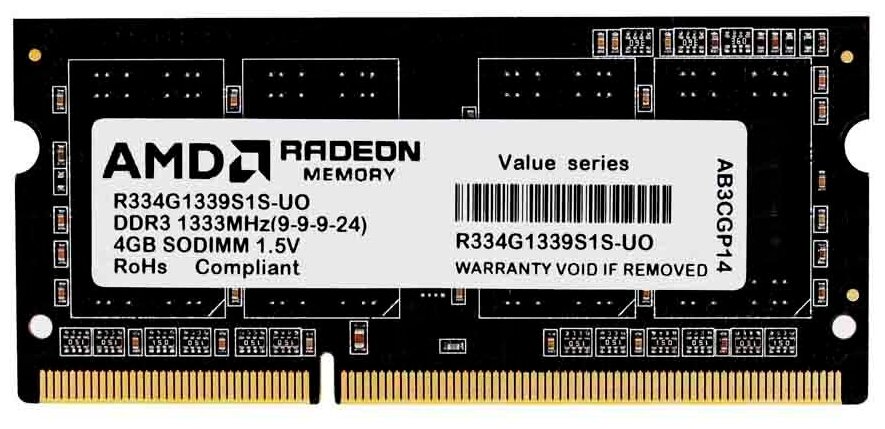 Модуль памяти AMD Radeon 4GB AMD Radeon™ DDR3 1333 SO DIMM R3 Value Series Black