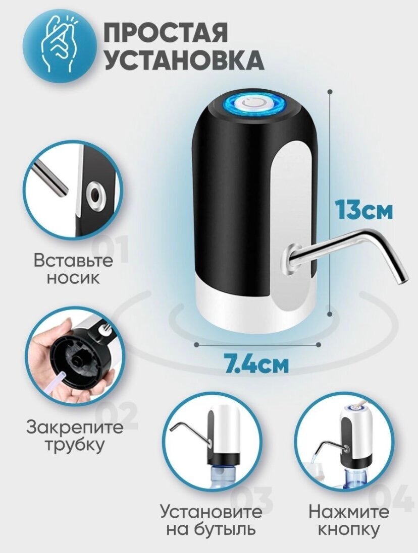 Помпа для воды электрическая для бутыли 19л с аккумулятором и зарядкой USB