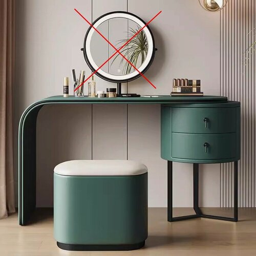 Изображение товара Элегантный туалетный столик 120 см покрытый кожей с круглой тумбой и изогнутой столешницей - черный металл (зеленый столик + пуф без зеркала)