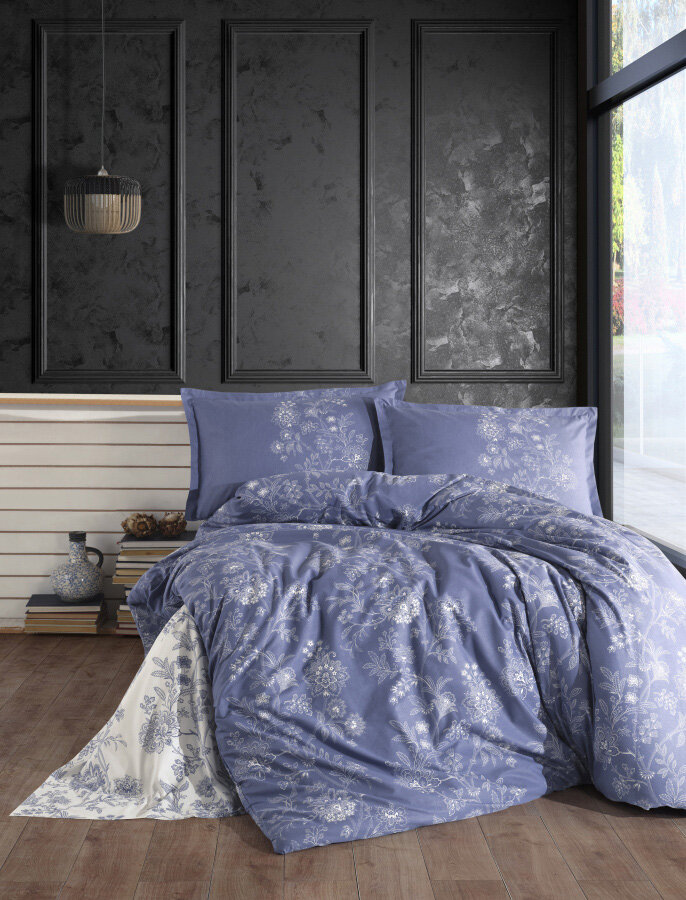 Комплект из ранфорса Nala Blue v-2 Karven (кремовый-синий) Евро (наволочки 50x70)