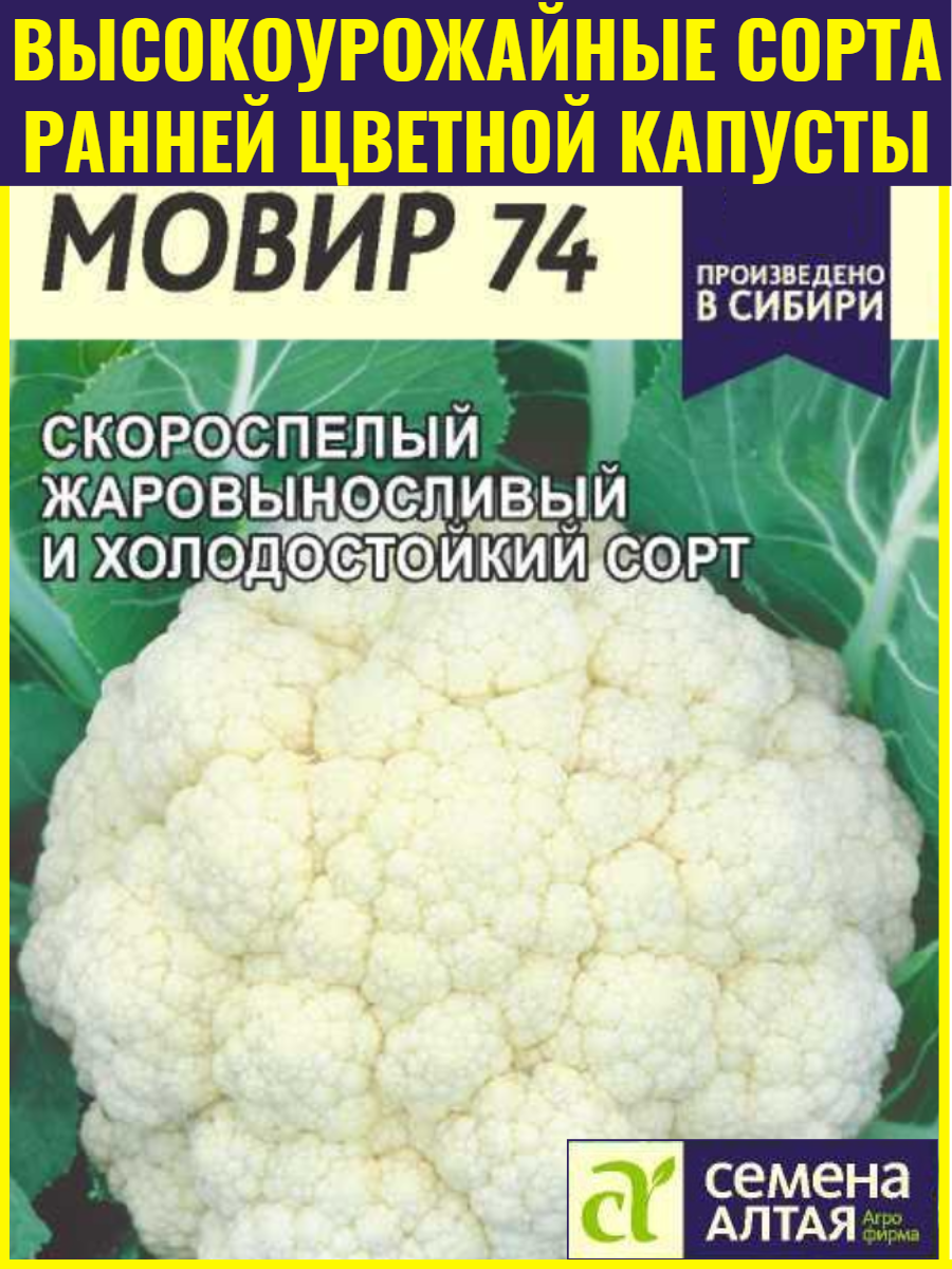 Семена цветной капусты Мовир 74 - 03 г. Скороспелый высокоурожайный жаровыносливый и холодостокий сорт