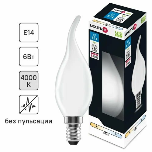 Лампа светодиодная Lexman E14 220-240 В 6 Вт свеча на ветру прозрачная 750 лм теплый белый свет