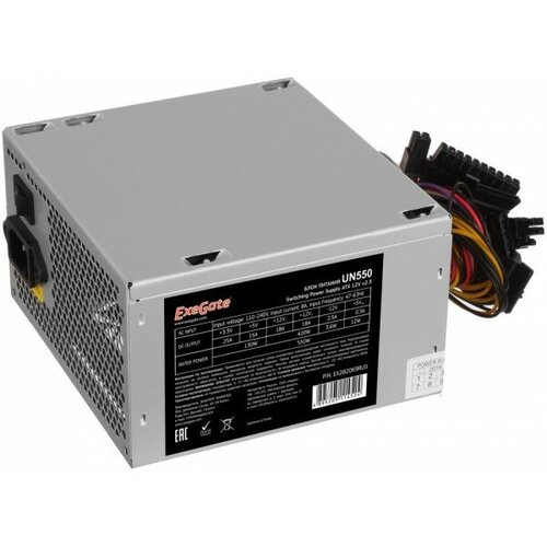 Блок питания 550W ExeGate EX282069RUS-S UN550 (ATX, SC, 12cm fan, 24pin, 4pin, PCIe, 3xSATA, 2xIDE, FDD, кабель 220V с защитой от выдергивания) блок питания exegate atx xp600 600w кабель 220v с защитой от выдергивания черный