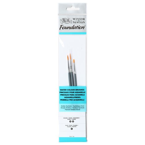 кисти foundation synthetic brush синтетика 3шт круглые 3 5 плоская 1 winsor Набор кистей Winsor & Newton Foundation, синтетика, с длинной ручкой, №3, 3 шт., блистер, черный/оранжевый