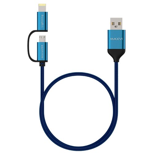 Кабель MAXVI MC-12ML USB - Lightning/microUSB, 1 м, 1 шт., голубой кабель maxvi mc 12ml red 2 в1 usb a microusb lightning 2a