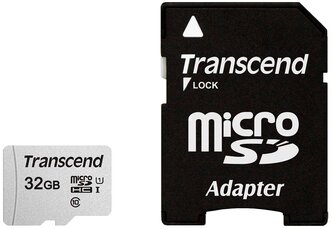 Карта памяти Transcend microSD 300S Class 10 UHS-I U1 A1 32 GB, чтение: 100 MB/s, запись: 25 MB/s, адаптер на SD