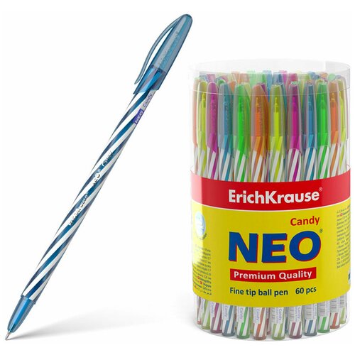 Ручка шариковая масляная ERICH KRAUSE Candy, синяя, корпус ассорти, узел 0,5 мм, линия письма 0,26 мм, 47550 Комплект - 60 шт.