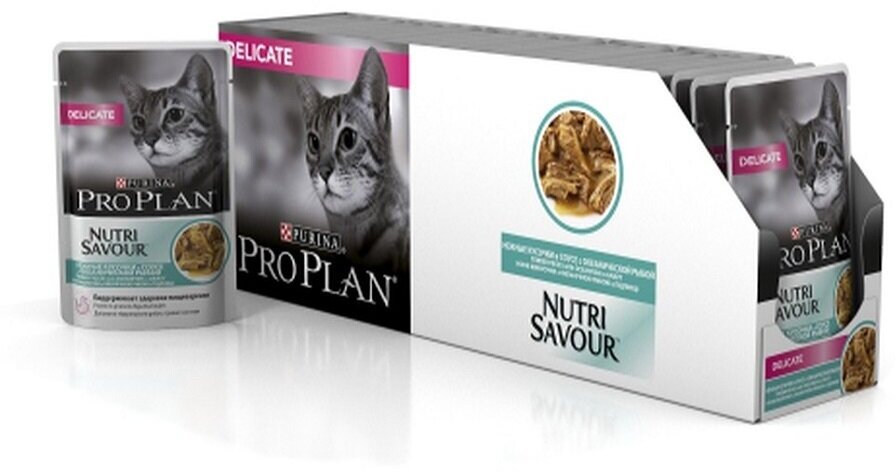 Pro Plan ® Nutri Savour влажный корм для взрослых кошек с чувствительным пищеварением или с особыми предпочтениями в еде, с океанической рыбой в соусе, 85 г - фото №6