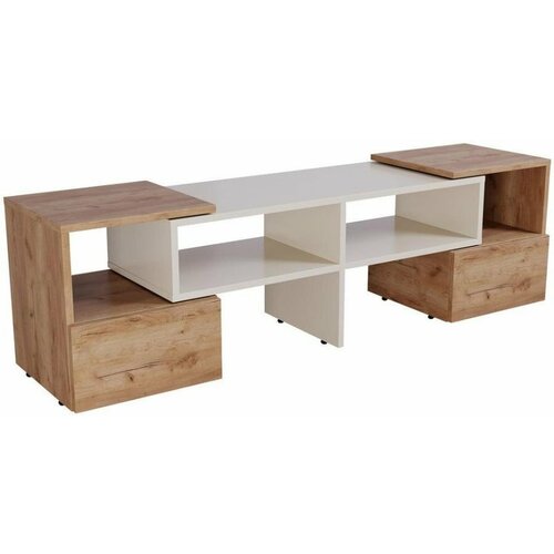 Тумба под ТВ №9 универсальная МК Стиль Дуб Крафт золотой/Бежевый, 4 полки, 2 поворотных ящика с механизмом PUSH-TO-OPEN, угловая и пристенная