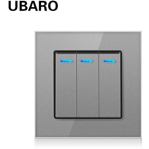 Выключатель / переключатель UBARO трехклавишный с подсветкой и серой рамкой из закаленного стекла