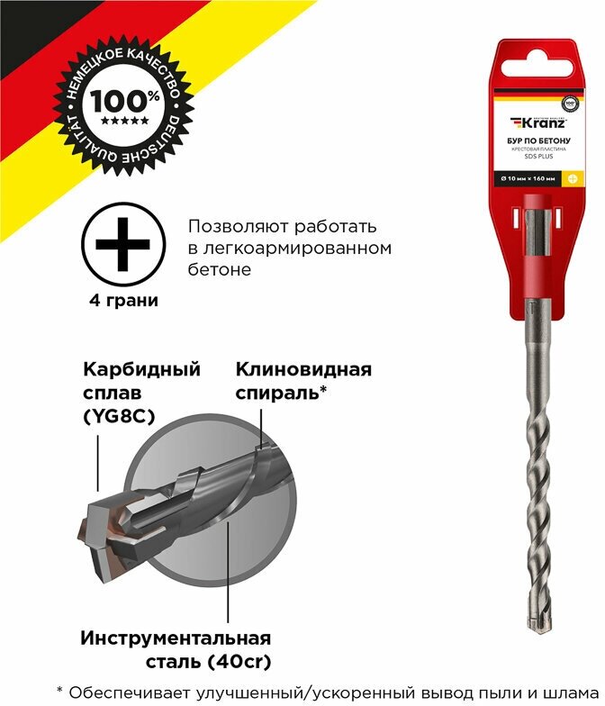 Бур по бетону Kranz 10x160x100 мм крестовая пластина SDS PLUS