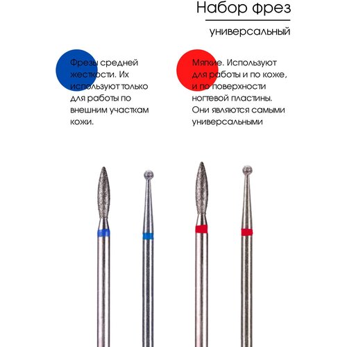 Kaaraanly, Набор фрез алмазных для аппаратного маникюра, педикюра 4 шт. с синей и красной насечкой / пламя / шар набор алмазных фрез для маникюра и педикюра 14 штук