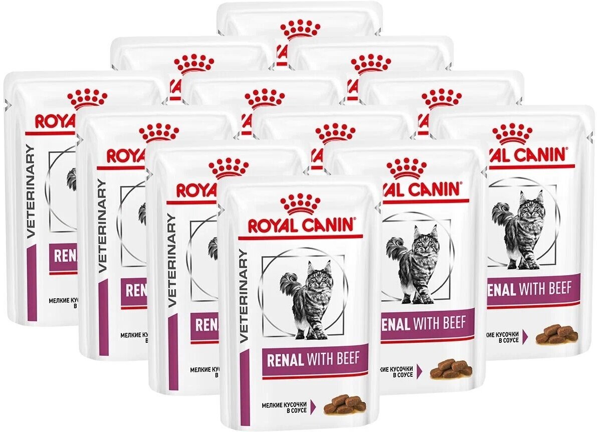 Влажный корм для кошек Royal Canin Renal with beef, при проблемах с почками, с говядиной 12 шт. х 85 г (кусочки в соусе)