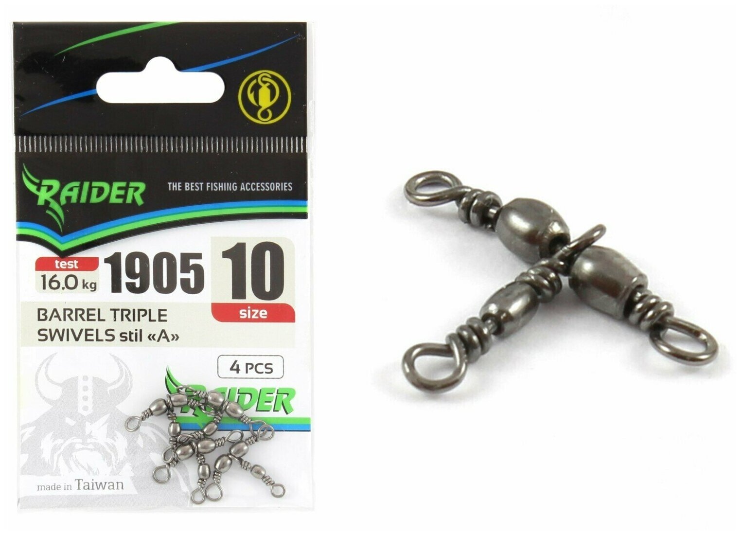 Вертлюг тройной RAIDER BARREL TRIPLE SWIVELS stil "A"(уп.4шт) №10 (test 16.0кг)