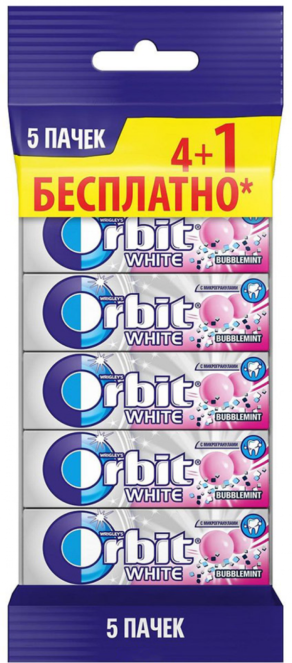 Жевательная резинка Orbit White Bubblemint, без сахара, 13.6 г, 5 шт. в уп.