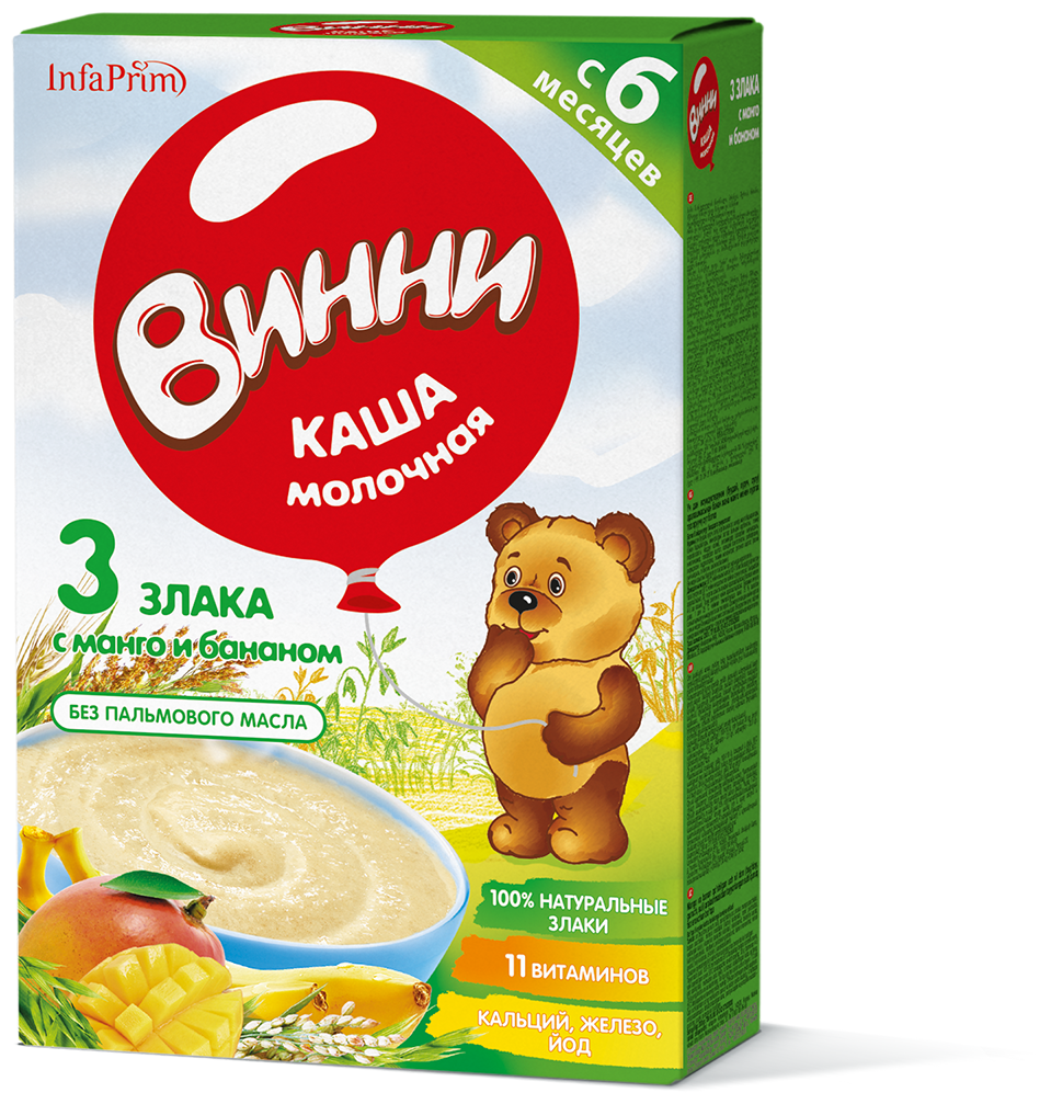 Каша Винни молочная 3 злака с манго и бананом, с 6 месяцев, 200 г