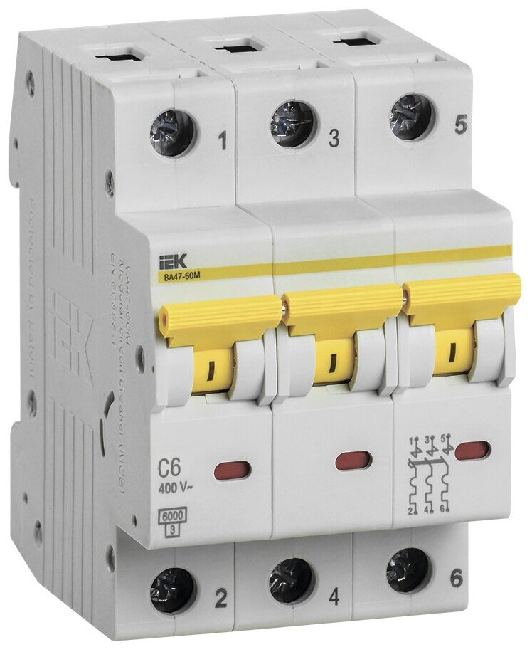Выключатель автоматический модульный 3п C 6А 6кА ВА47-60M IEK MVA31-3-006-C - фотография № 1