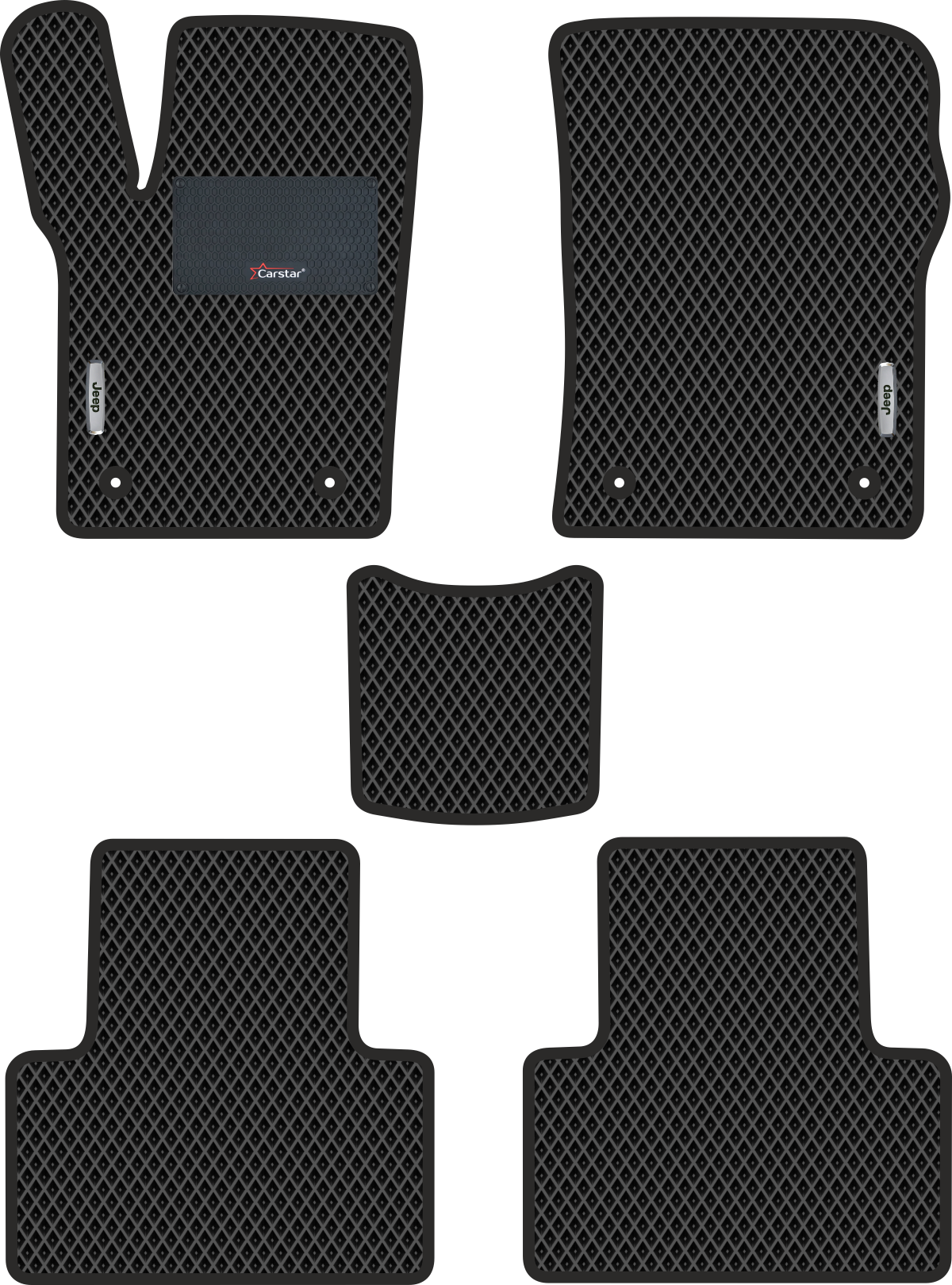 Автомобильные коврики EVA для Jeep Grand Cherokee IV рестайл (2013-2022) с каучуковым подпятником и 2 эмблемами чёрные с чёрным кантом ячейка ромб