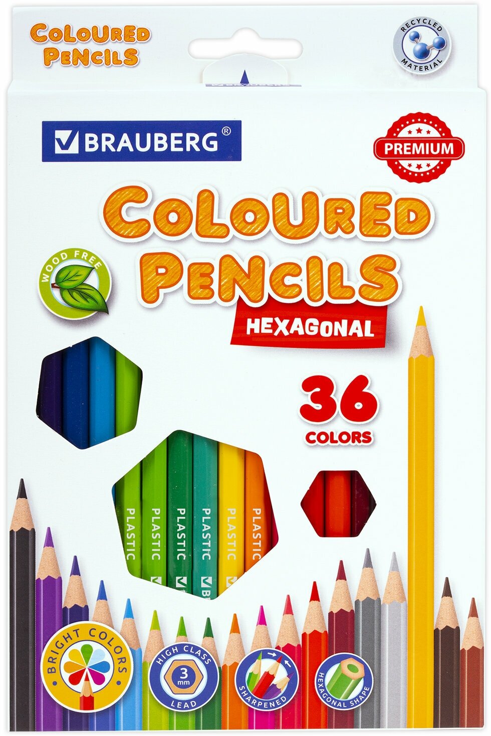 Карандаши цветные Brauberg Premium, 36 цветов, пластиковые, шестигранные, грифель мягкий 3 мм, 181669