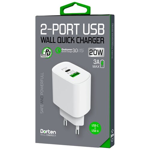 Сетевое зарядное USB устройство Dorten 2-Port USB 20W Wall Quick Charger PD3.0+QC3.0 белый