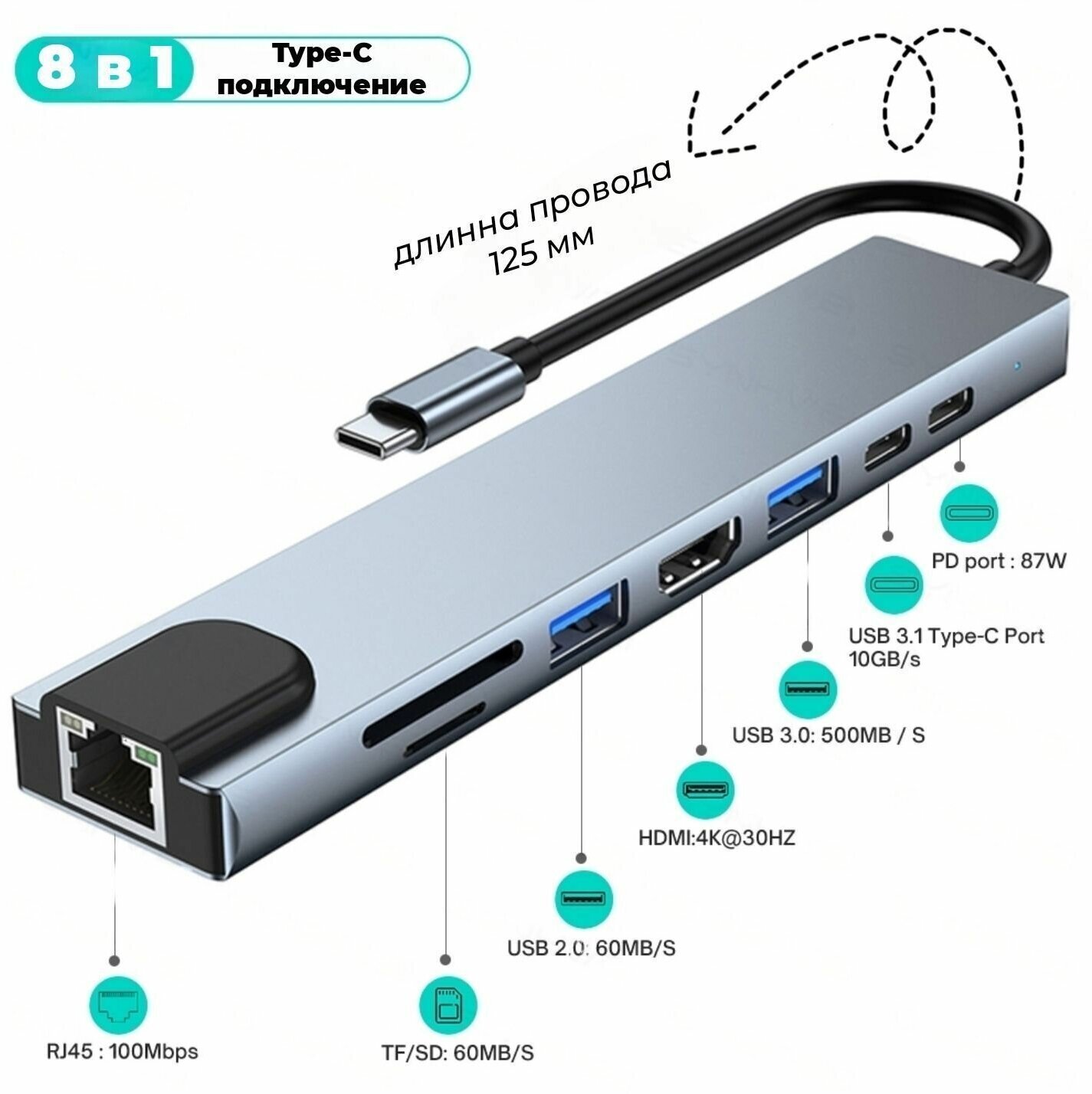 USB хаб 3.0 8 в 1 юсб hub TYPE C адаптер для ноутбука Разветвитель с 4K для компьютера