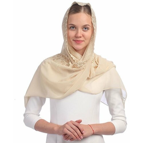 Шарф палантин женский бежевый с пайетками для крещения, венчания, церковный