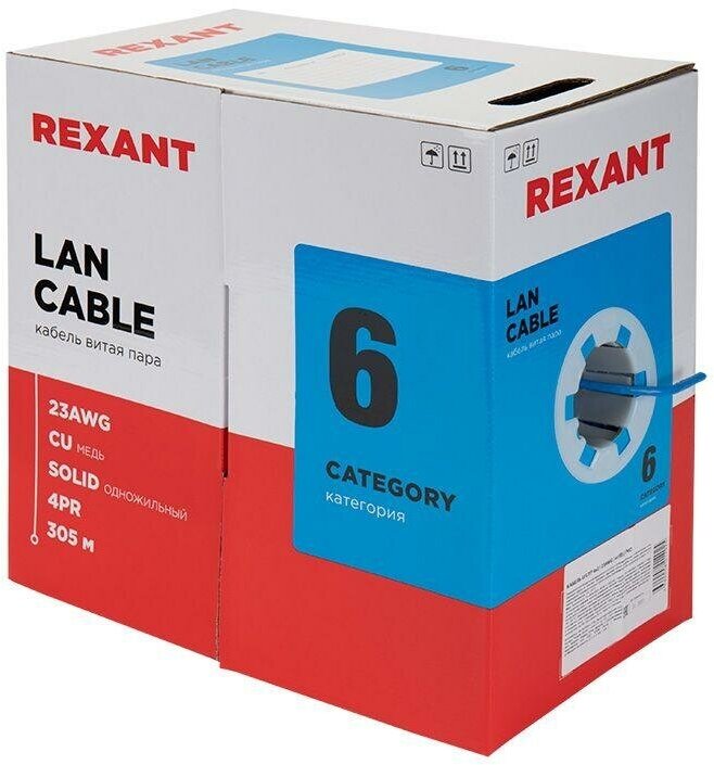 Кабель витая пара U/UTP 4х2х23AWG кат.6 solid CU PVC син. (м) Rexant 01-0047