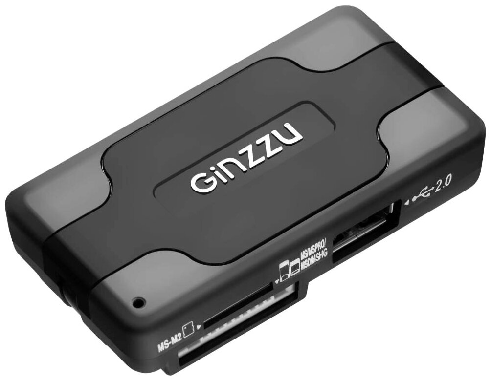 Картридер внешний Ginzzu GR-417UB SD/SDHC/SDXC/MicroSD/MS/M2 + 3xUSB Hub черный - фото №1