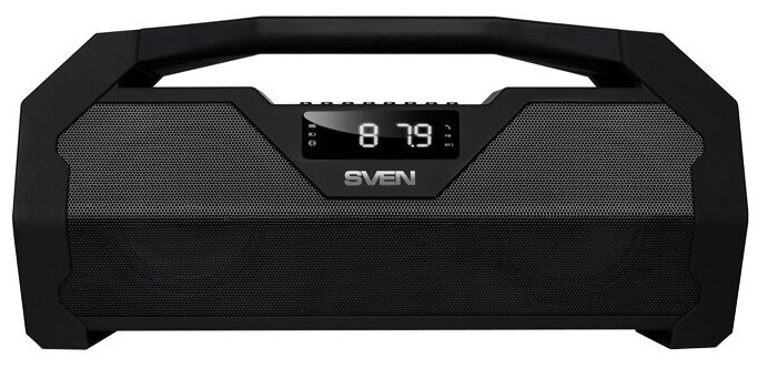 Sven PS-470 Портативная акустическая система чёрная (2x9W, USB, Bluetooth, micro SD, FM-радио, LED дисплей, часы, jack in, литий-ионный aккумулятор 1800 мAч)