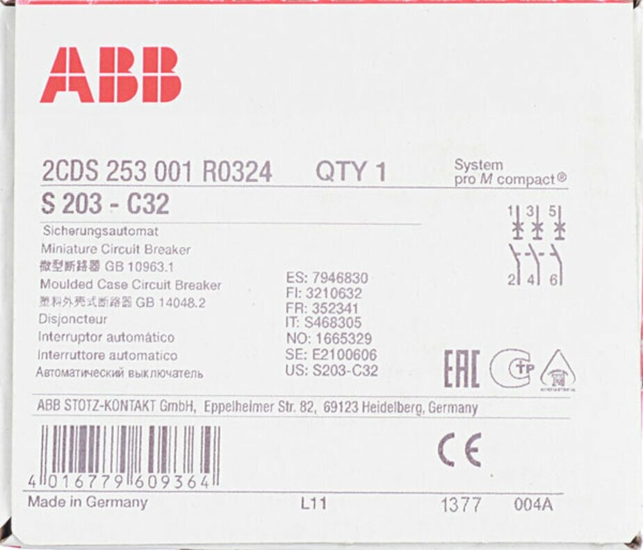 S200 2CDS253001R0064 Автоматический выключатель трехполюсный 6А (6 кА, C) ABB - фото №3