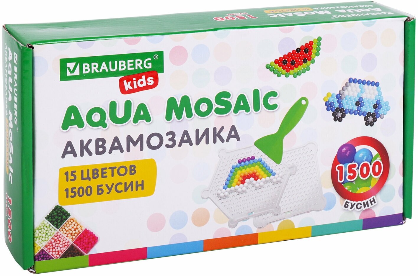 Аквамозаика Brauberg 15 цветов, 1500 бусин, с трафаретами и инструментами, Kids