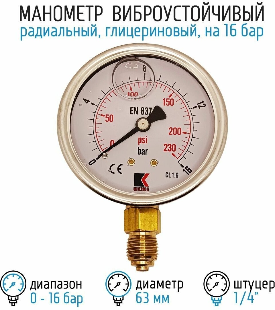 Манометр гидравлический WKP1007 на 16 бар, 63 мм, G 1/4" радиальный, виброустойчивый - глицериновый