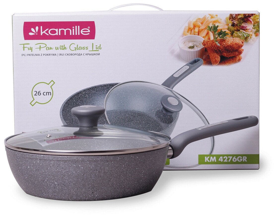 Сотейник 26 см с крышкой Kamille KM-4276GR (Ø26х7,5 см) из кованного алюминия с серым мраморным покрытием