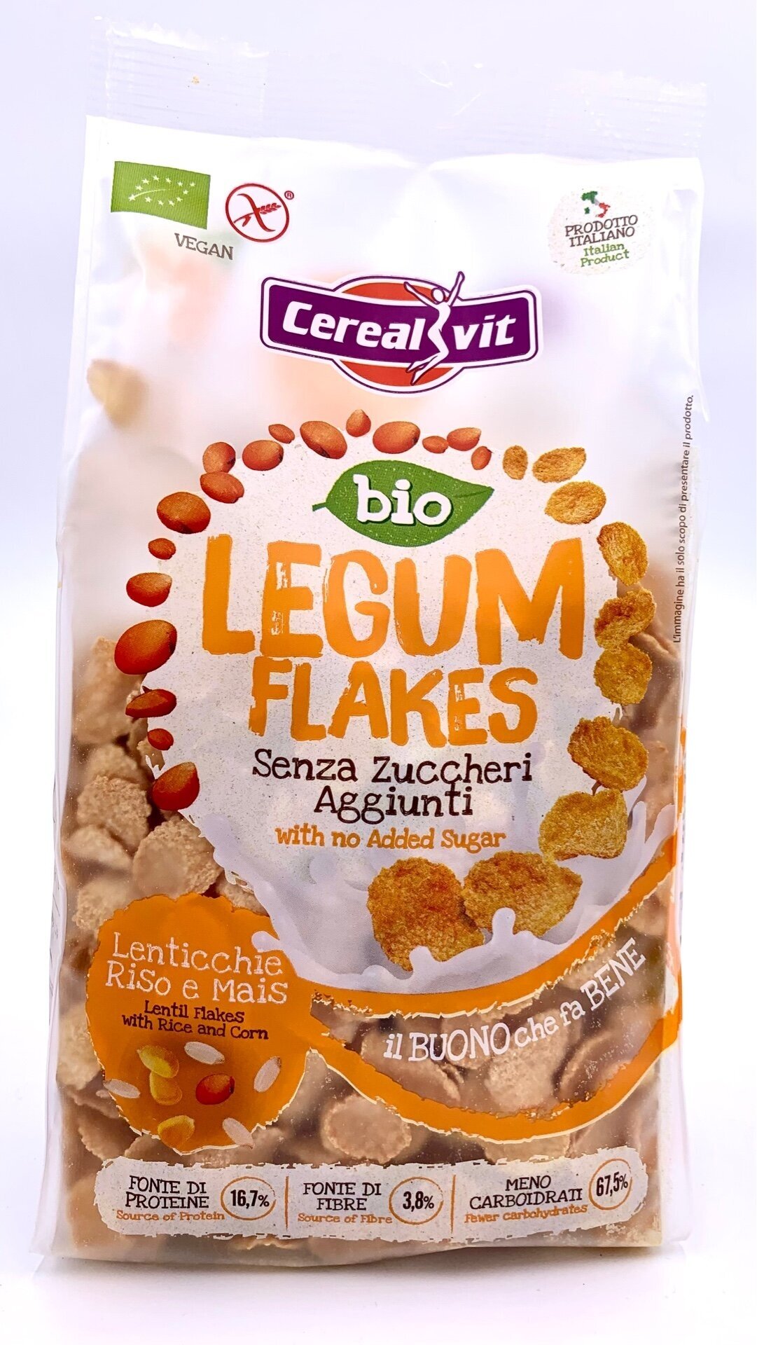 Cerealvit Хлопья хрустящие бобовые кукурузно-рисовые с чечевицей “LEGUM FLAKES” БИО без глютена, без сахара, Италия 200 г