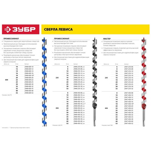 ЗУБР 12x235/160мм, сверло левиса по дереву, шестигранный хвостовик