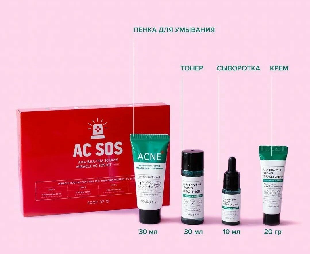 Набор миниатюр для лица с кислотами Some By Mi AHA?BHA?PHA 30 Days Miracle AC SOS Kit, тонер 30мл, сыворотка 10мл, крем 20г, пенка 30мл - фото №20