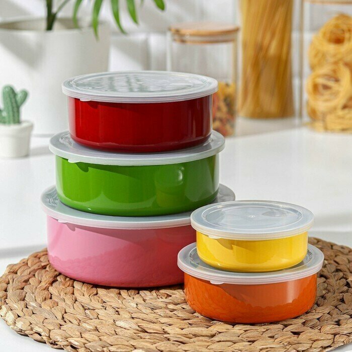 фото Набор салатников из нержавеющей стали "Радуга", 5 шт: d18/16/14/12/10 см, с крышками