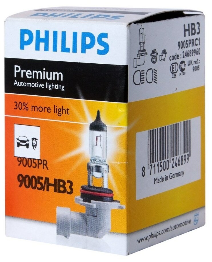 Лампа Галогенная Hb3 12V 60W P20d Premium (На 30% Больше Света На Дороге) Philips арт. 9005PRC1