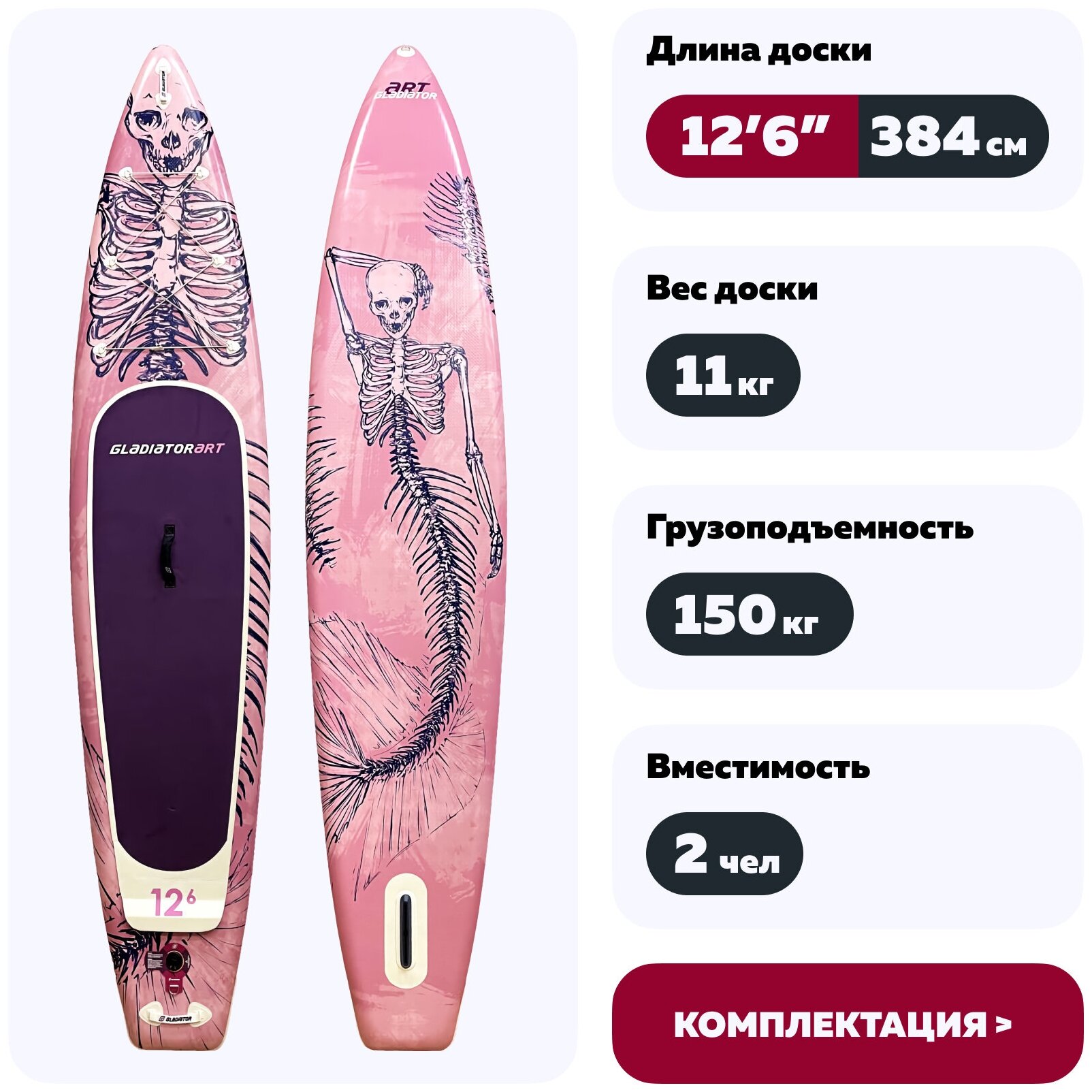 Надувной туринговый сапборд SUP Gladiator Art 12'6'' Mermaid 2021 с веслом, насосом и страховочным лишем